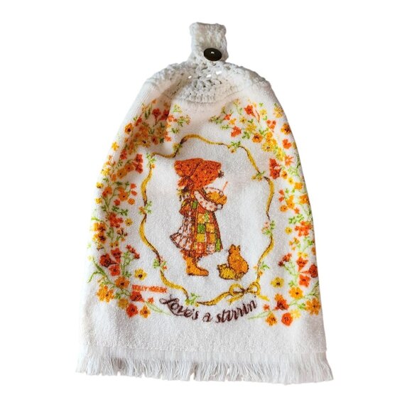 Vintage Holly Hobbie Hang Towel Floral Cat Love's A Stirrin' Hand Towel Tea - Picture 5 of 7